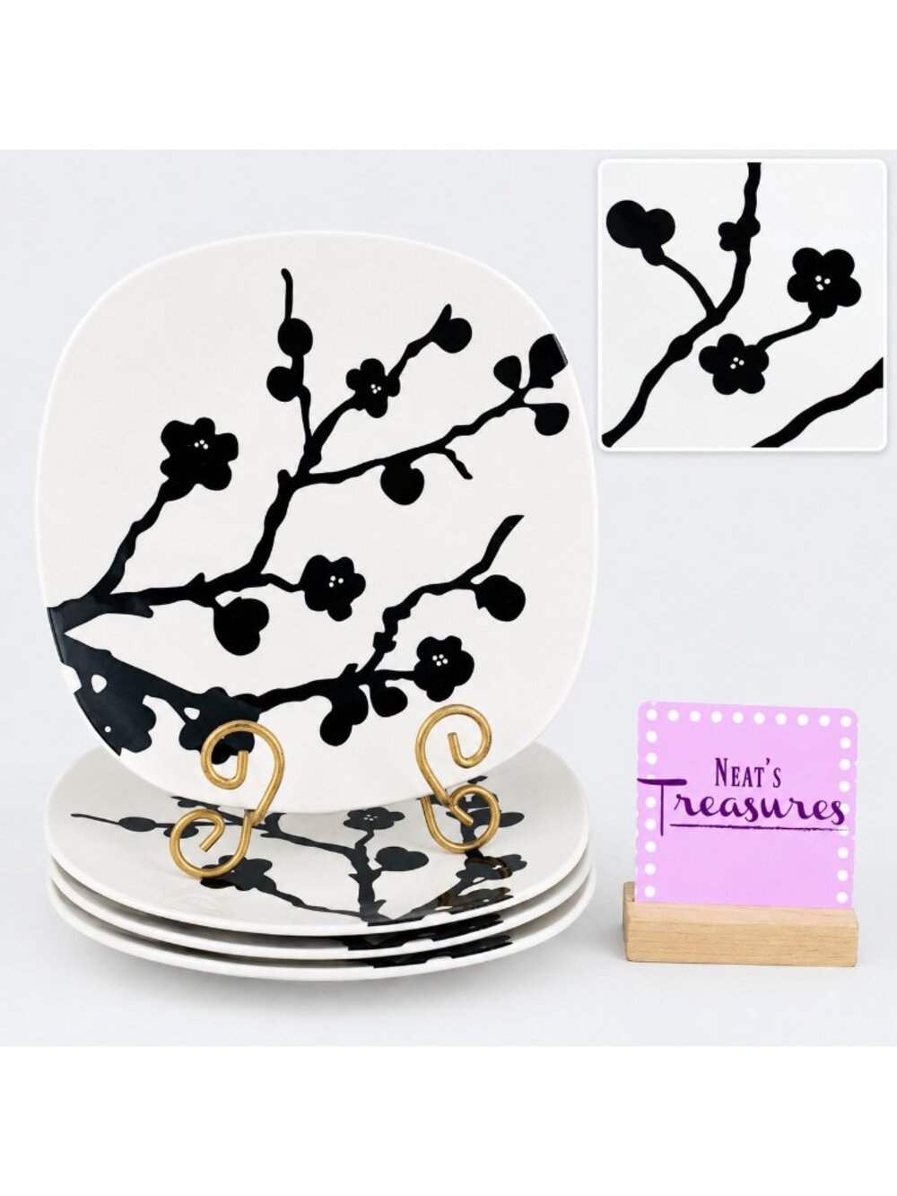 Roscher SPRING BLOSSOM Black White Floral Branch Square Dinner Plates Set of 4
